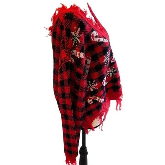 Derek Heart Distressed Cropped V Neck Sweater Junior Size L Plaid Candy Cane - Picture 12 of 16